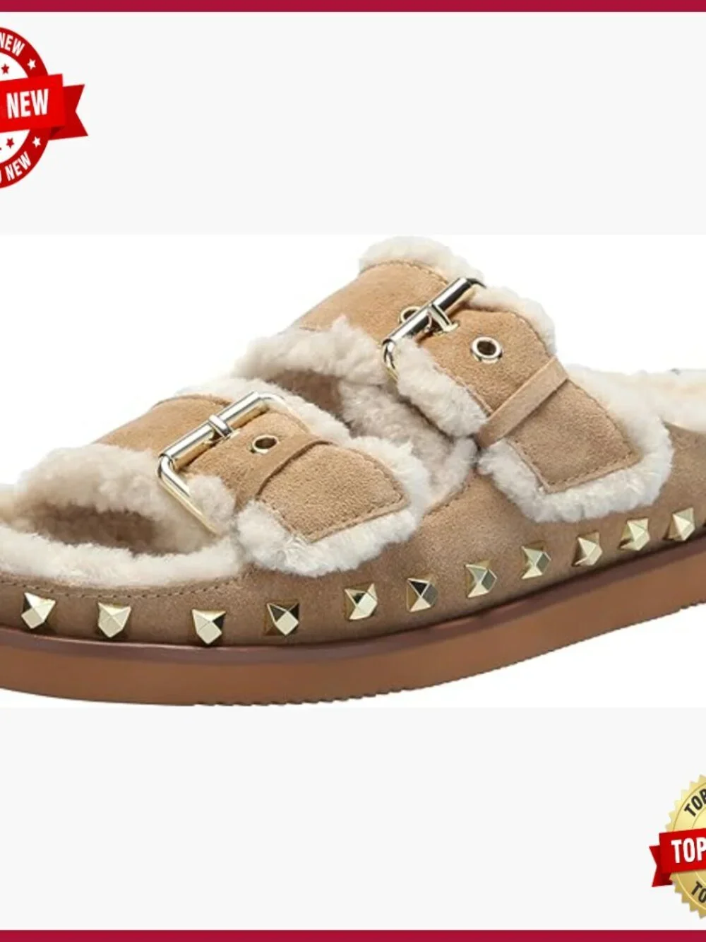 Suede Slide Sandals with Faux Fur Lining, Double Buckle, Studded Trim, Flat